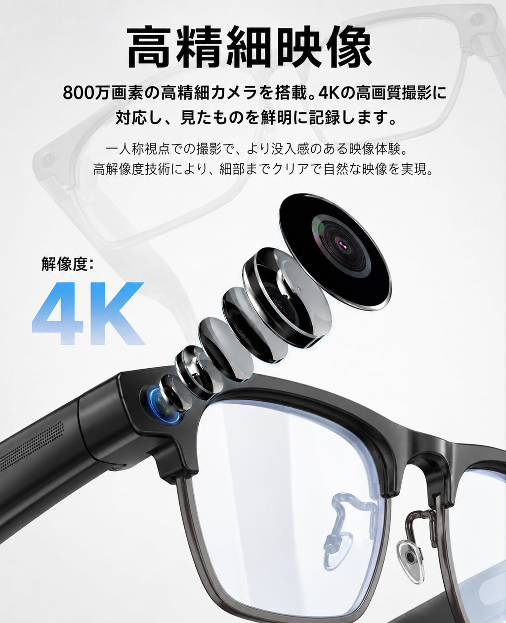 EGQINR AIスマートグラス ブルーライトカットレンズ 1080Pカメラ 137言語翻訳 BT5.4通話 IP65防水 iOS/Android対応