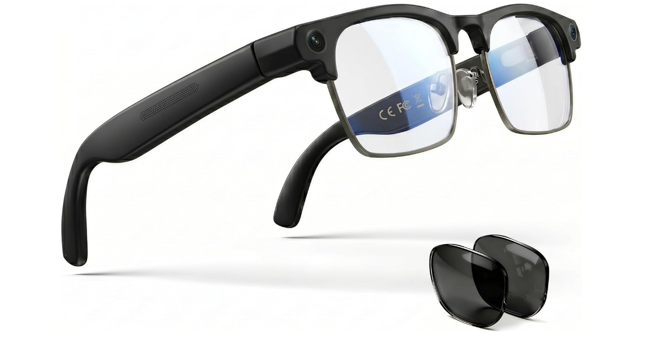 EGQINR 4K Camera Smart Glasses, 8MP Camera Glasses for Life Vlog Travel Work, AI Assistant, Photos, Open-Ear Audio, Blue Light Blocking Glasses, Real-Time Translation, Extra Sunglasses for Men Women