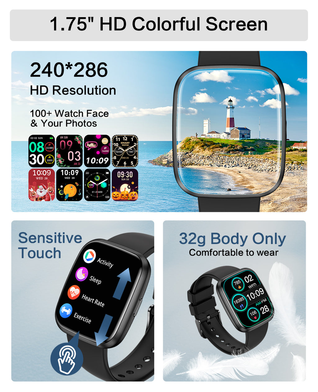 Smart Watches for Men/Women, 1.75" Bluetooth Call, AI Voice Smartwatch, 24/7 Heart Rate Monitor, Blood Pressure/SpO2/Sleep Tracker, IP68 Waterproof, 100+ Sports Fitness Tracker for Android iOS Black